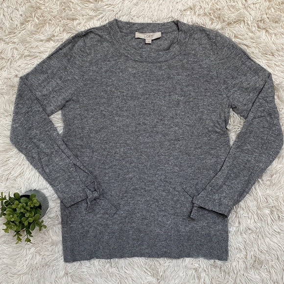 Loft Crewneck Tie Sleeve Sweater 💗 Gray - Picture 4 of 12